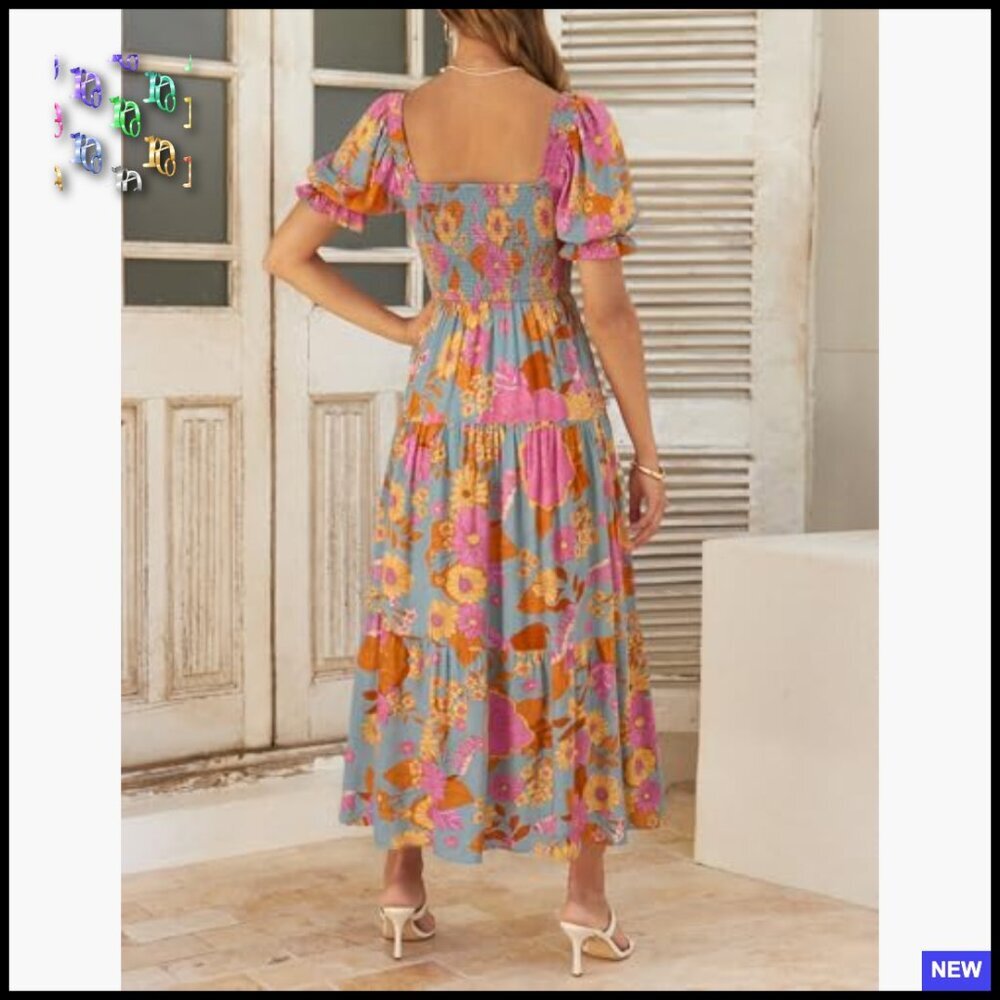 Boho Floral Maxi Dress Square Neck Ruffle Swing Summer Beach Casual Chic - Picture 4 of 7